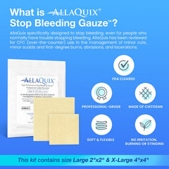 AllaQuix Stop Bleeding Kit back view reveals included gauze and booklet.