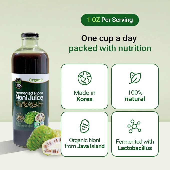 ALL BIO Java Noni bottle being poured into a glass for immediate enjoyment.
