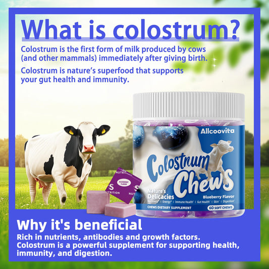 Allcoovita colostrum chews blueberry close-up emphasizes chewy texture for snacking