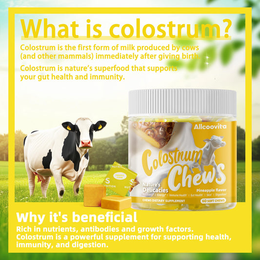 Allcoovita Bovine Colostrum Chews bottle side view for on-the-go immune support