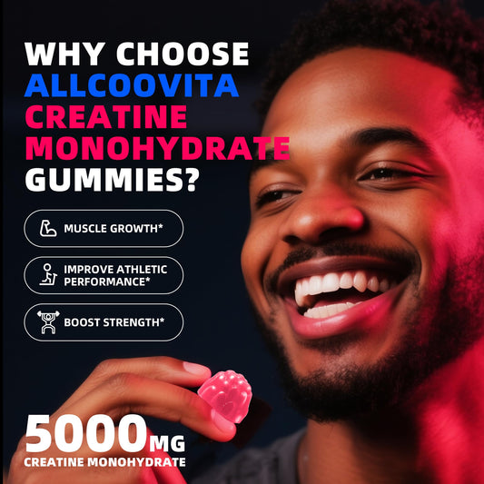 Allcoovita Creatine Gummy close-up with raspberry-blueberry flavor for tasty, portable energy.