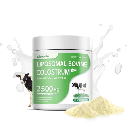 Allcoovita liposomal colostrum powder bottle showcases premium gut support potential.