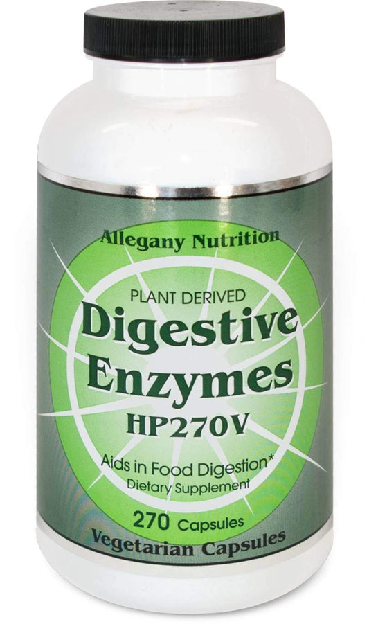 Allegany Nutrition Digestive Enzymes HP bottle with label, vegan capsules for daily digestion.