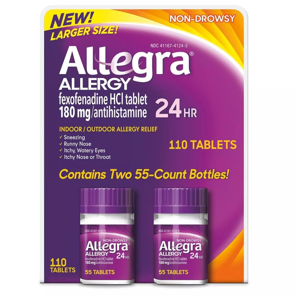 Allegra 24-Hour allergy relief bottles on display for all-day comfort.