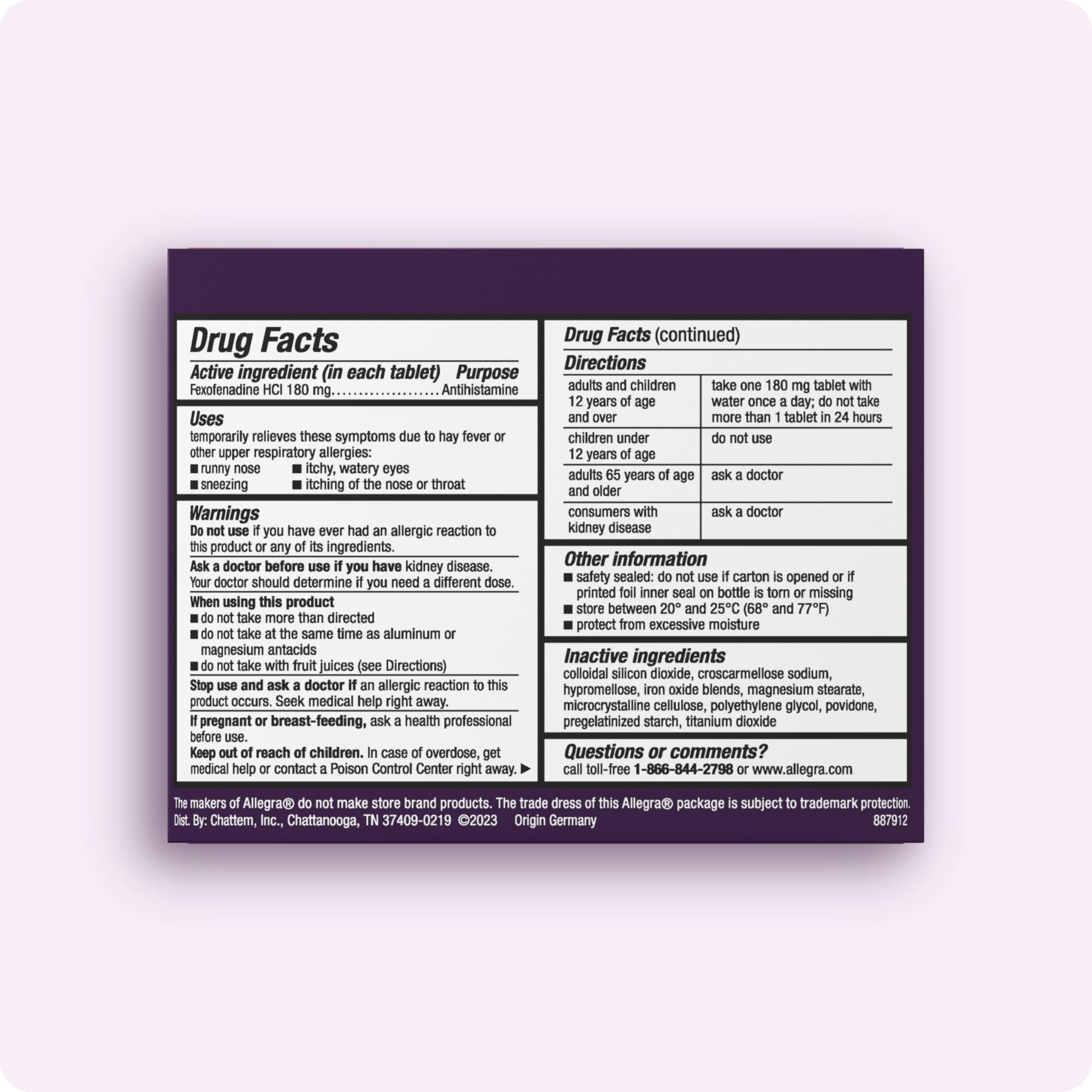 Allegra 70-count package front shows long-lasting allergy relief for daily use