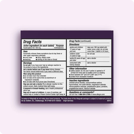 Allegra 70-count package front shows long-lasting allergy relief for daily use