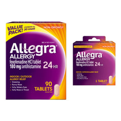 Allegra adult 24-hour tablets bottle shows non-drowsy long-lasting relief.