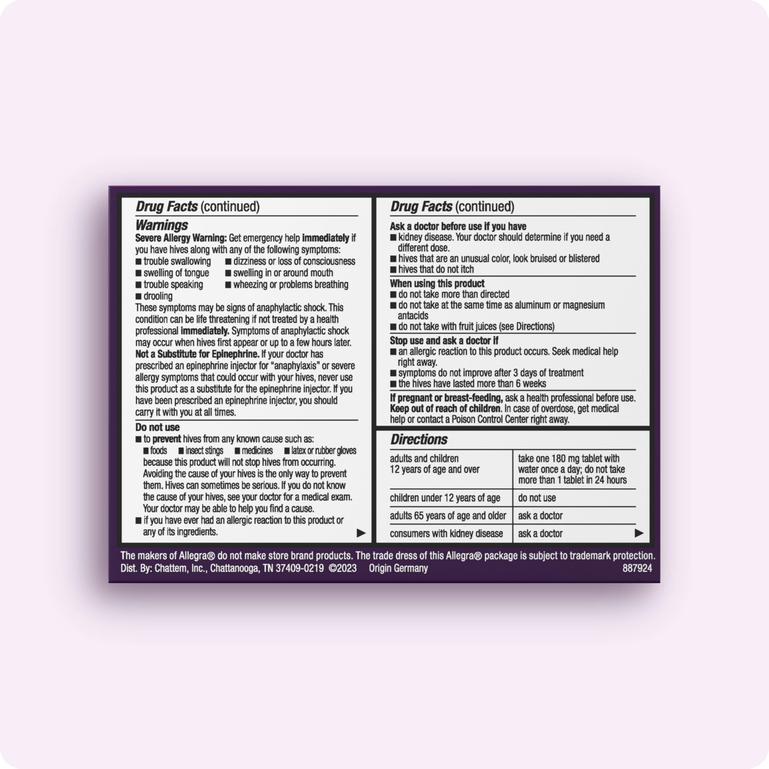 Allegra Hives 24h tablet pack back lists usage details for safe daily dosing.