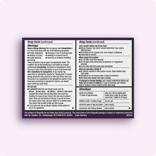 Allegra Hives 24h tablet pack back lists usage details for safe daily dosing.