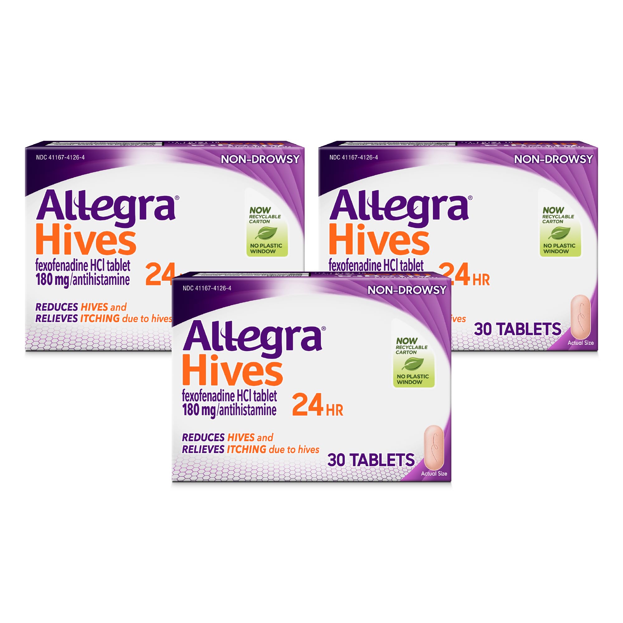 Allegra Hives 24h tablet pack front offers all-day non-drowsy itch relief.