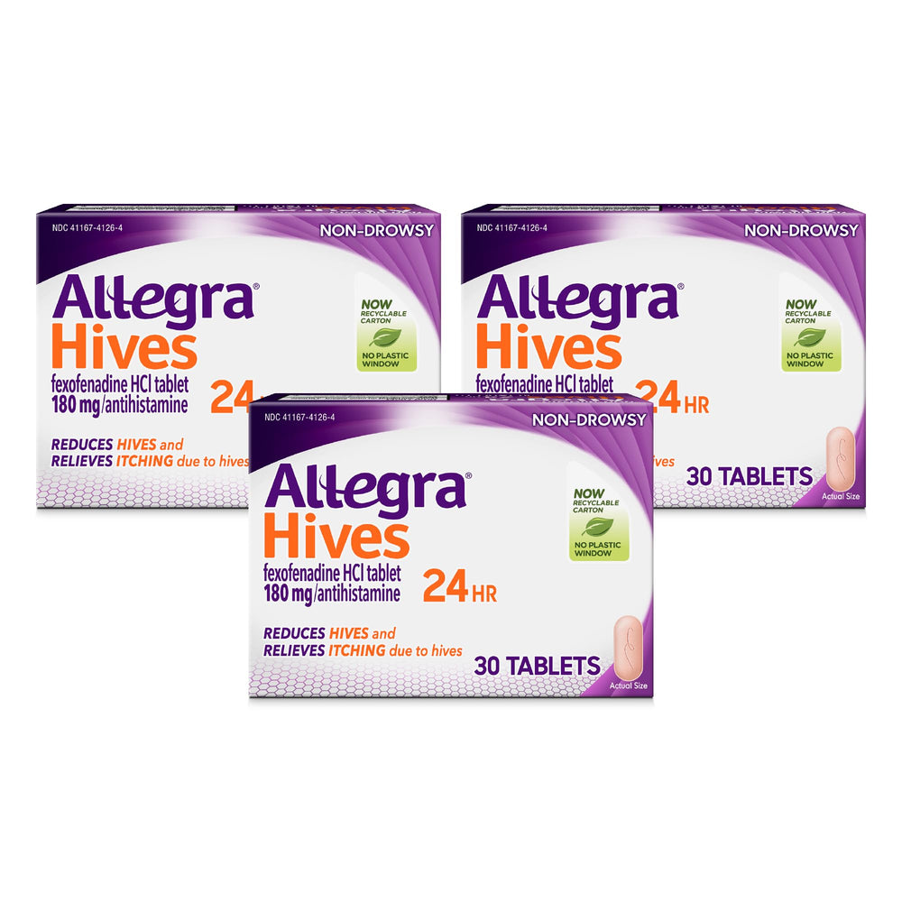 Allegra Hives 24h tablet pack front offers all-day non-drowsy itch relief.