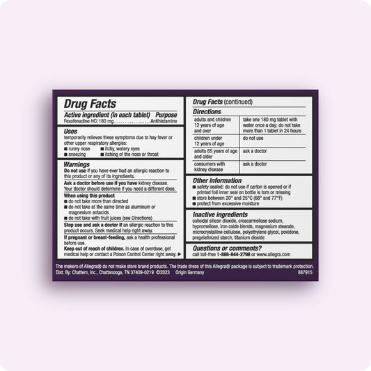 Allegra tablets closeup dosage highlights active ingredient.
