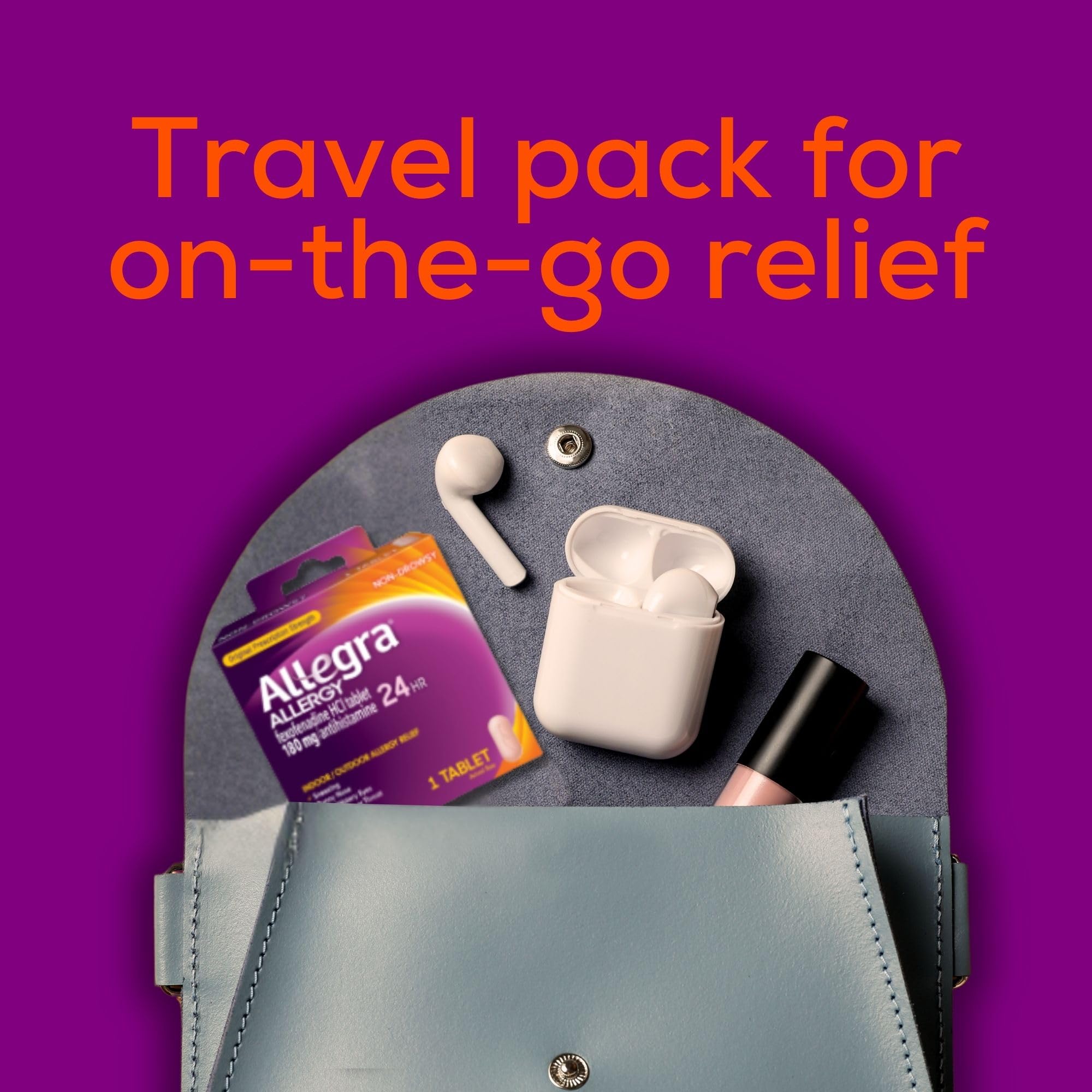 Allegra travel pack illustrates on-the-go allergy relief.