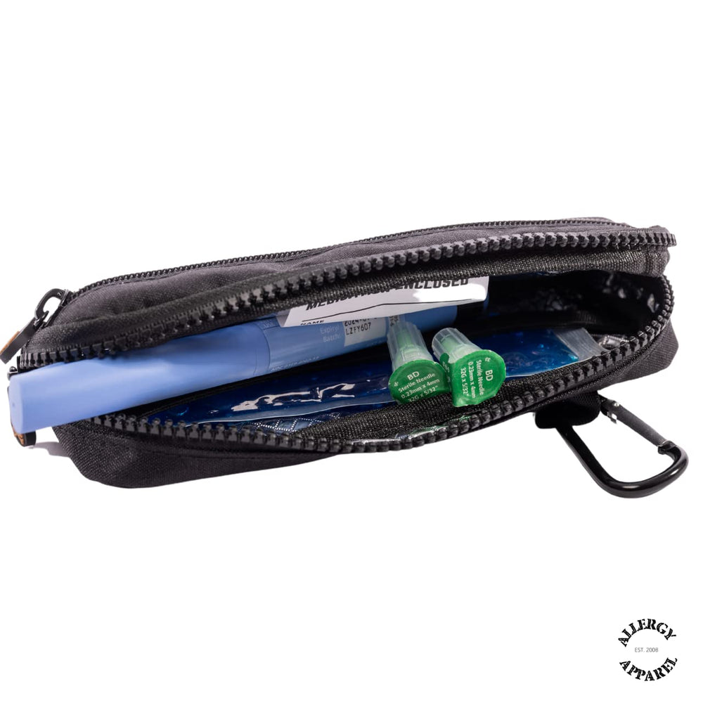 Allergy Apparel front pocket keeps cards and meds within easy reach.
