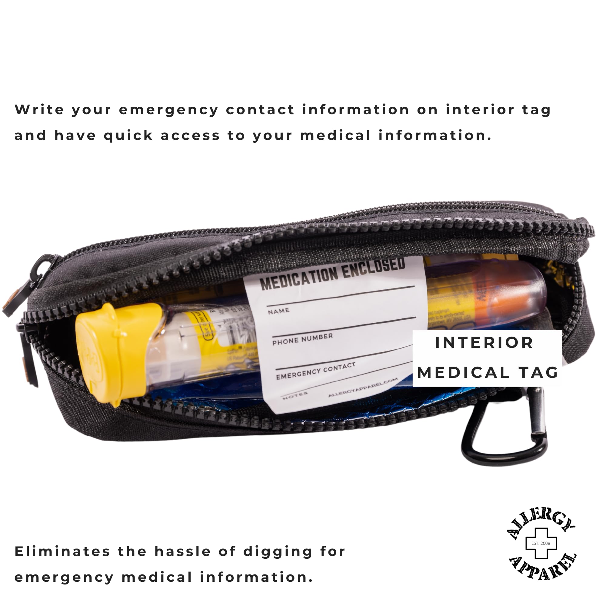 Allergy Apparel interior medical tag for quick emergency information.