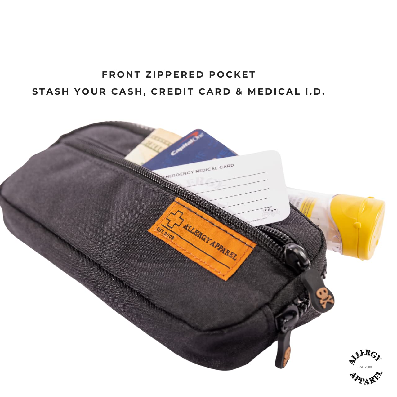 Allergy Apparel versatile wear options shown as waist pack and shoulder sling.