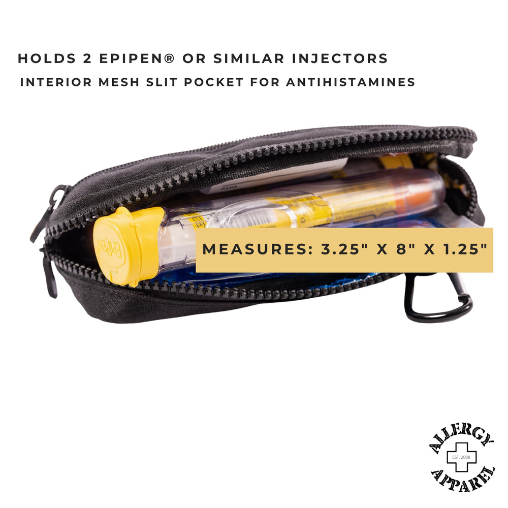 Allergy Apparel waist pack demonstrates hands-free carrying convenience.