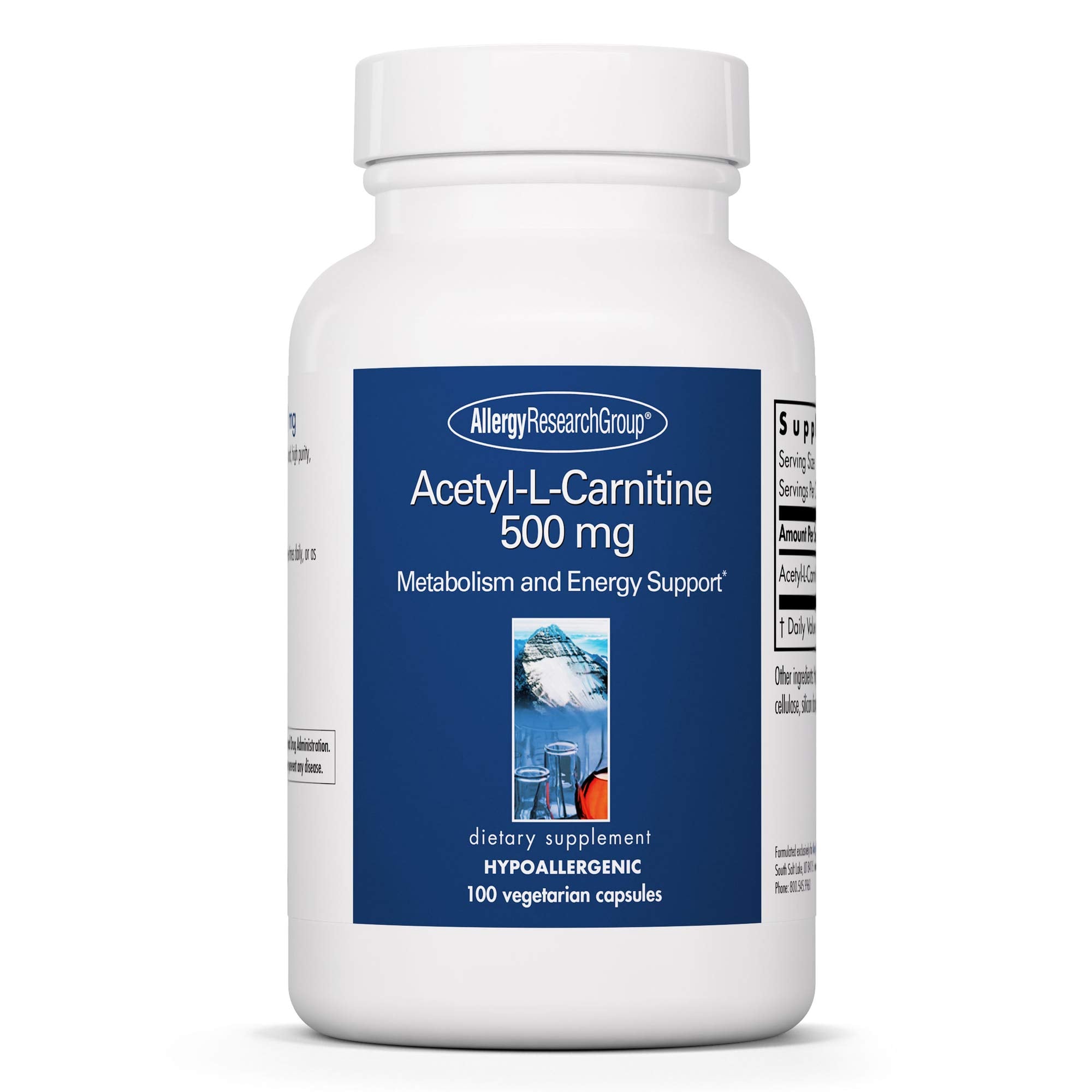 Allergy Research Group Acetyl-L-Carnitine 500mg bottle supports metabolism and energy.