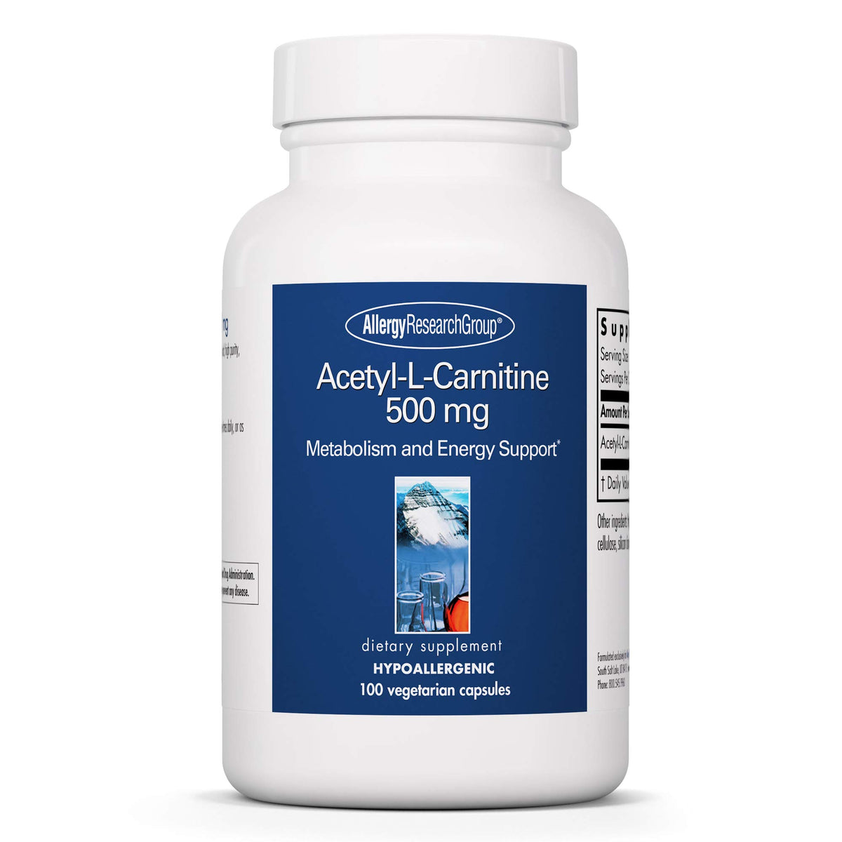Allergy Research Group Acetyl-L-Carnitine 500mg bottle supports metabolism and energy.