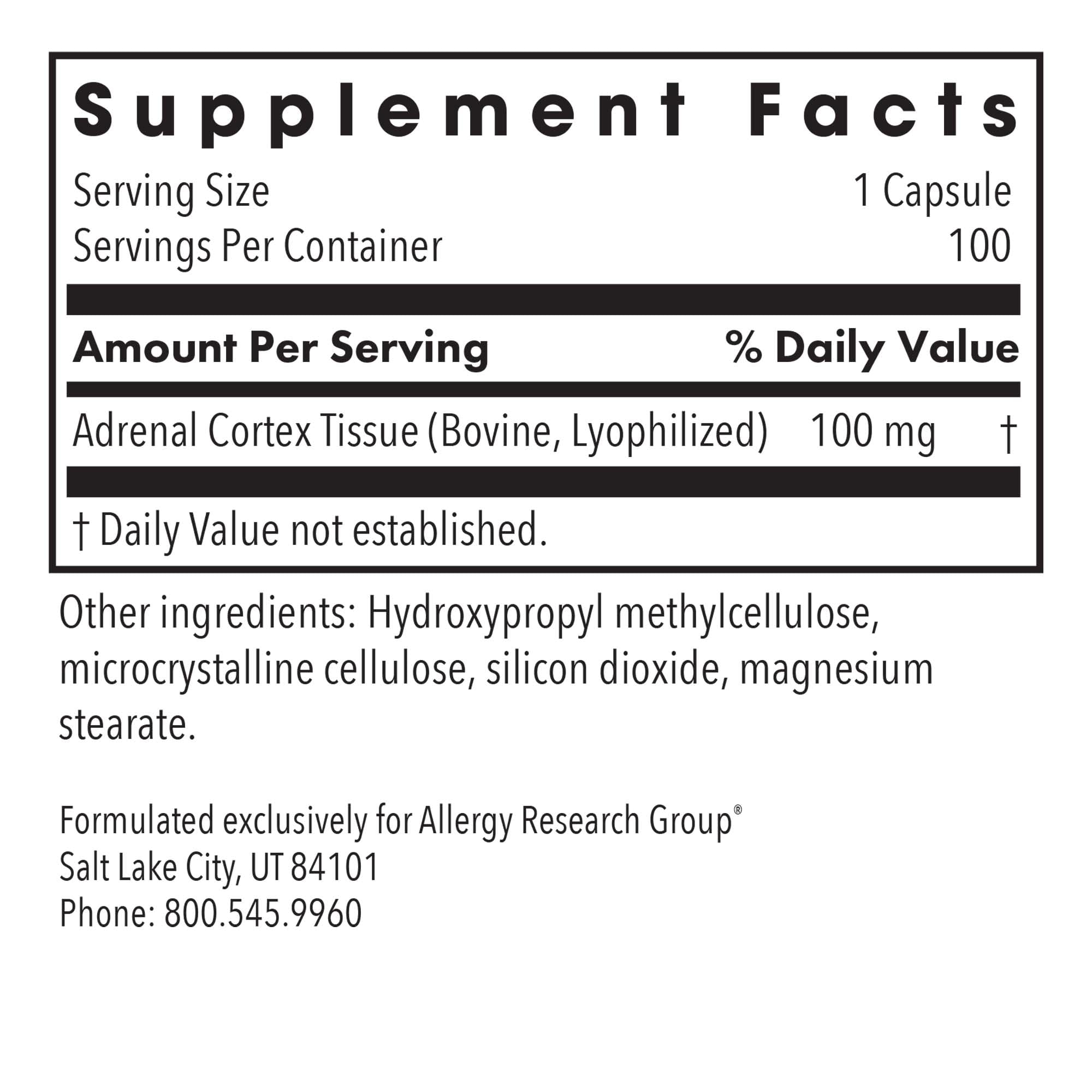 Allergy Research Group Adrenal Cortex capsules ready for ongoing wellness routines.