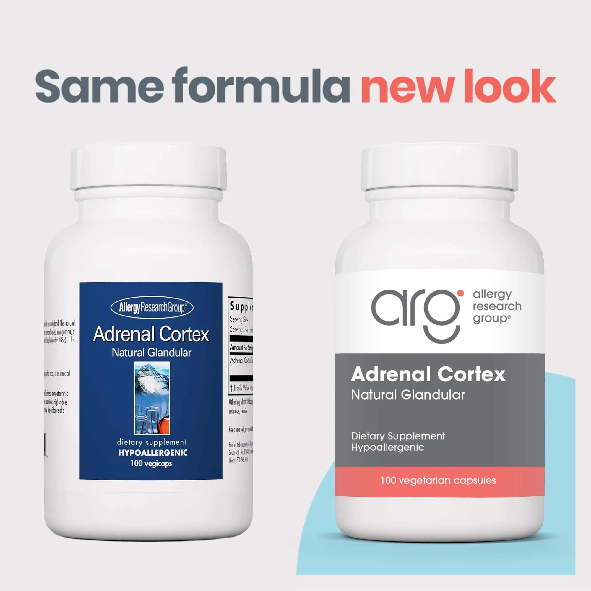 Allergy Research Group Adrenal Cortex label communicates allergen-free formulation.
