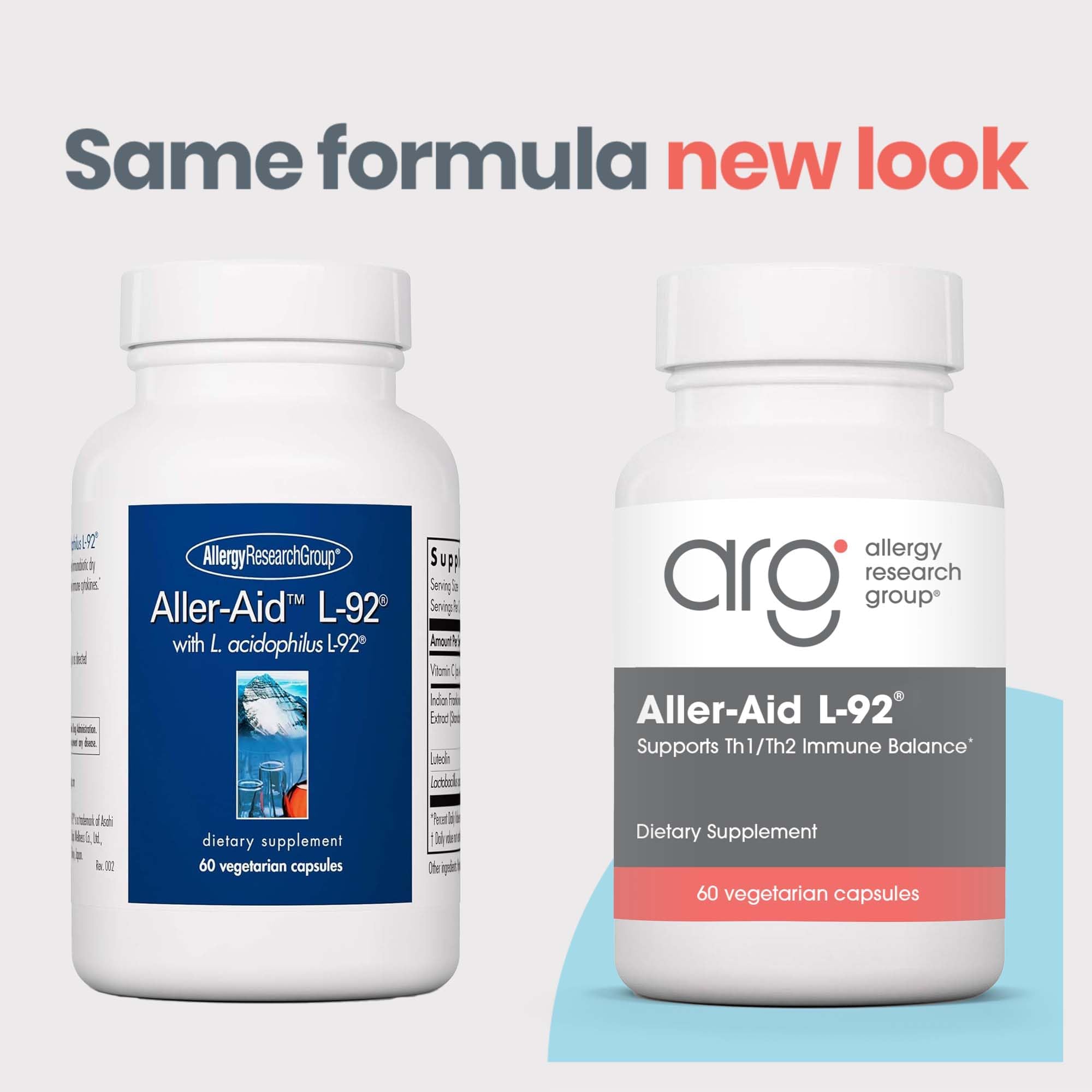 Closeup of Aller-Aid L92 capsules highlighting vegetarian formulation.