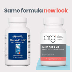 Closeup of Aller-Aid L92 capsules highlighting vegetarian formulation.