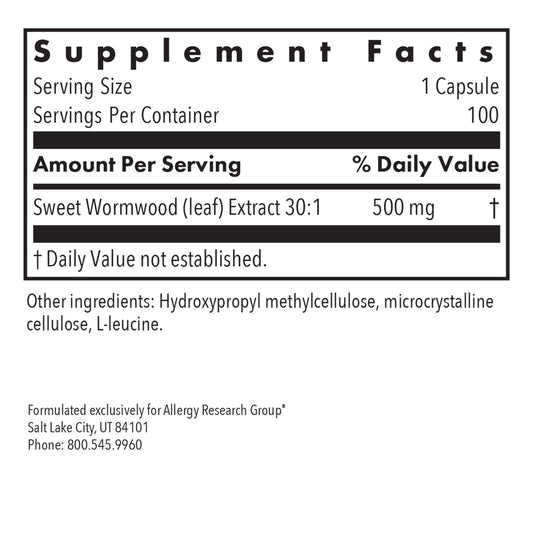Allergy Research Group Artemisia capsules highlight sweet wormwood extract for hypoallergenic use.