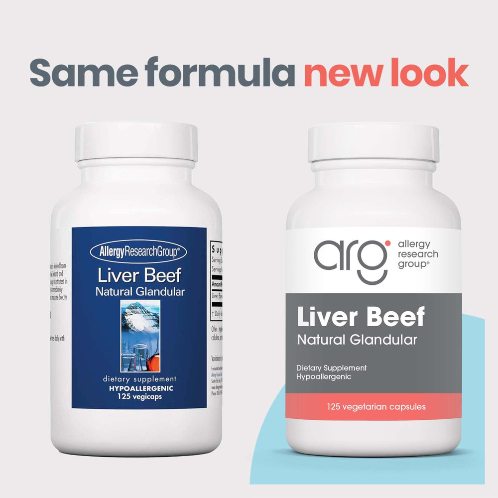 Close up of Allergy Research Group beef liver capsules for nutrient rich support.