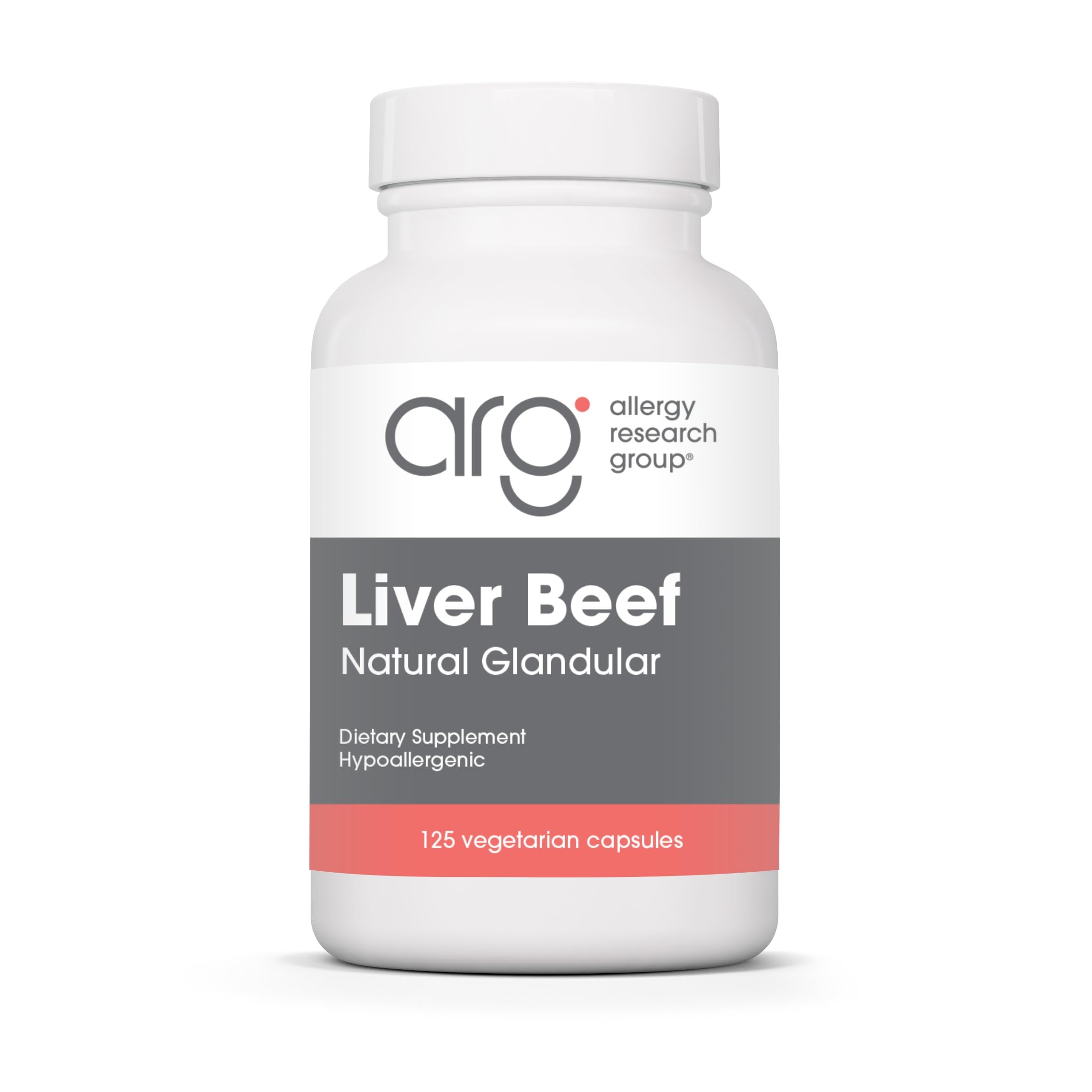 Allergy Research Group beef liver supplement bottle on shelf for liver support.