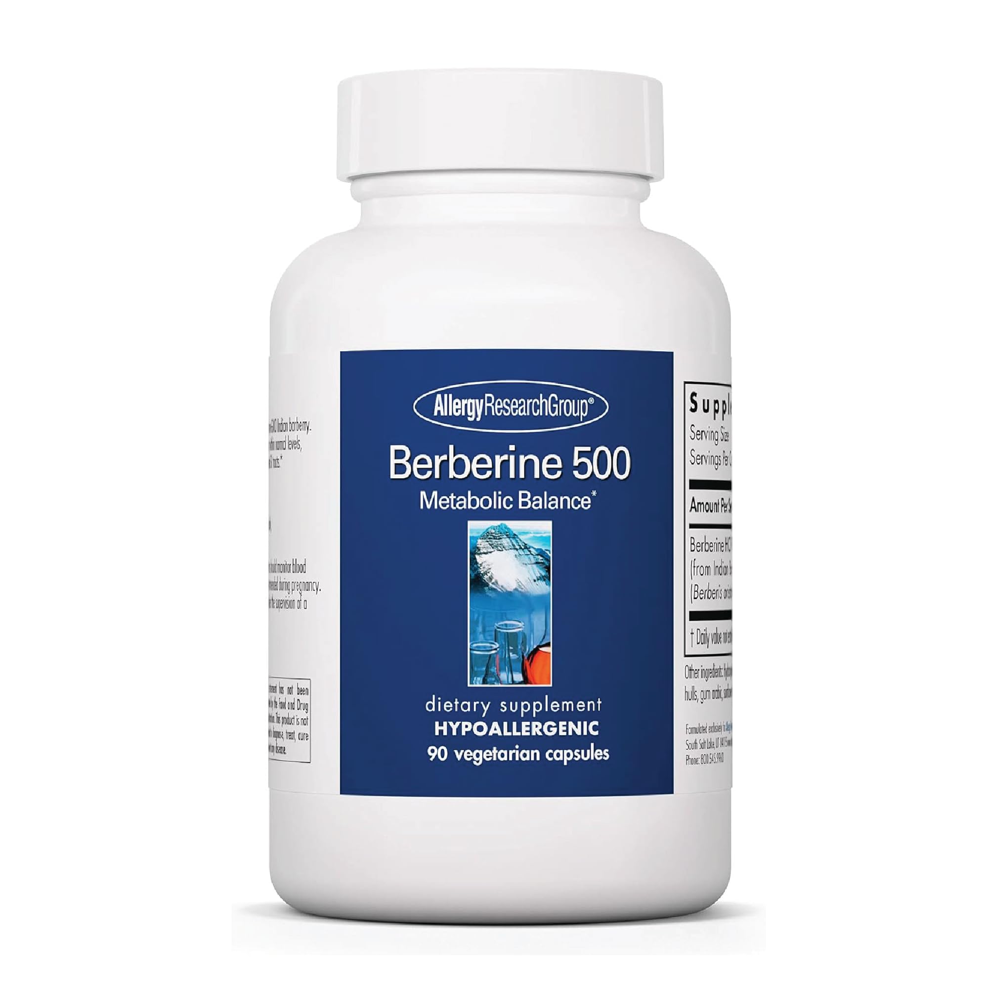 Allergy Research Group berberine 500mg bottle showcases standardized berberine HCl for metabolic support