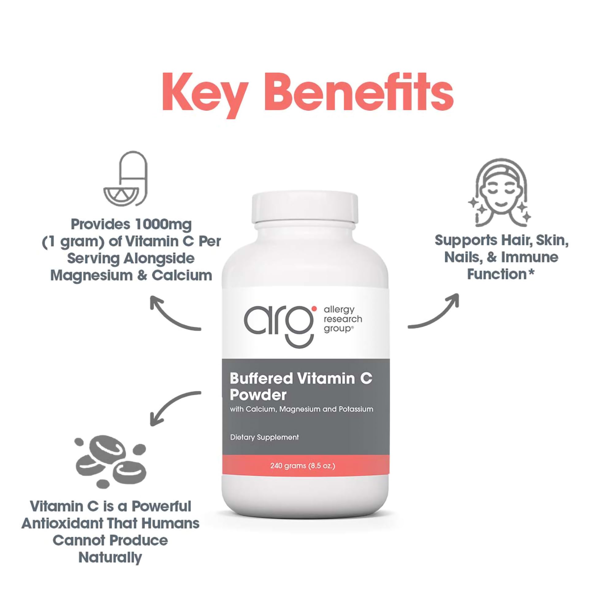 Canister of Allergy Research Group Buffered Vitamin C Powder on a kitchen counter