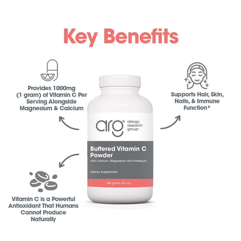 Canister of Allergy Research Group Buffered Vitamin C Powder on a kitchen counter