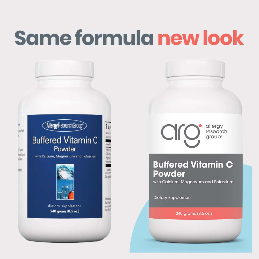Allergy Research Group Buffered Vitamin C Powder label detailing calcium and magnesium