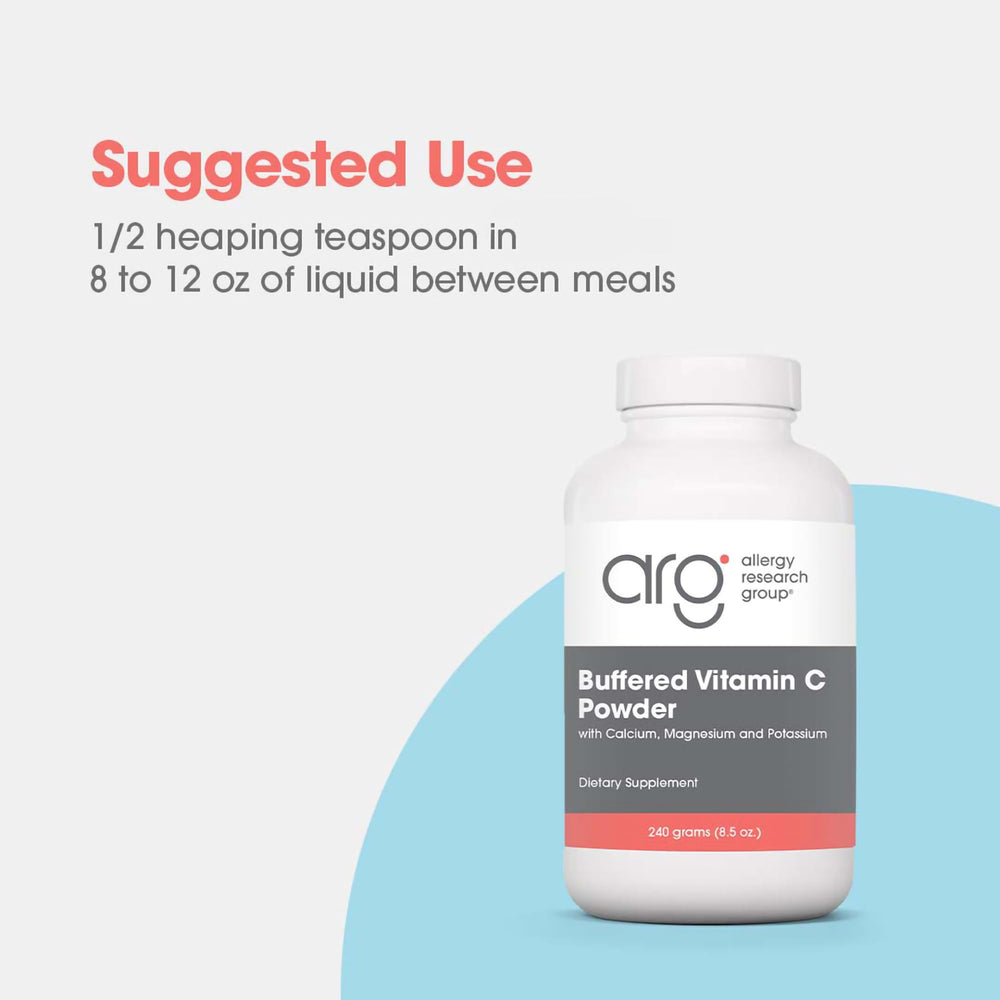Pouring Allergy Research Group Buffered Vitamin C Powder into a glass