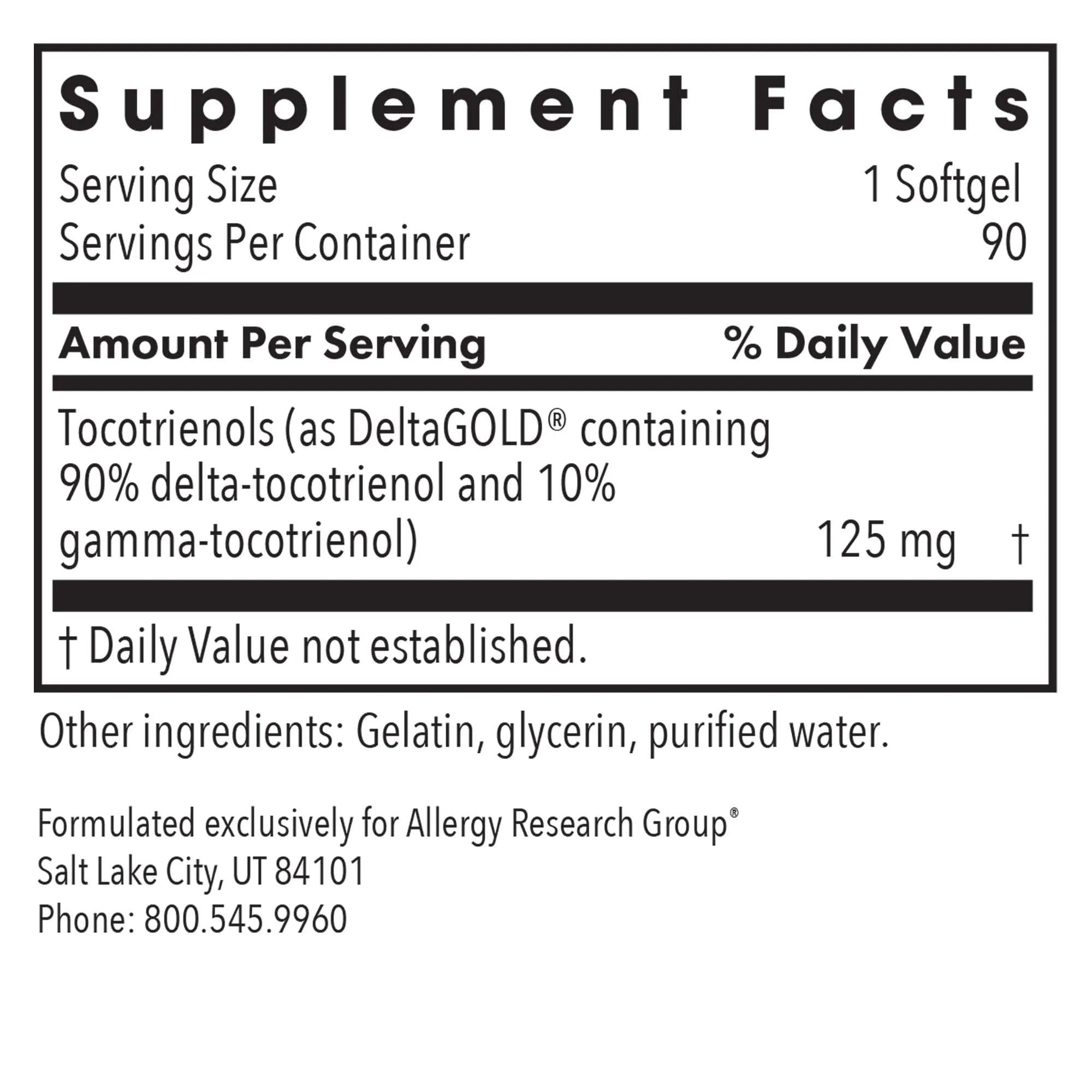 Delta-Fraction Tocotrienols label close-up highlighting gluten-free ingredients