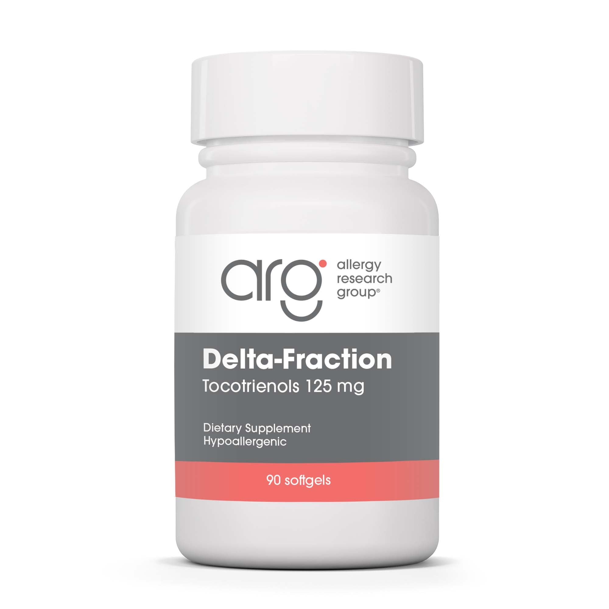 Allergy Research Group Delta Fraction Tocotrienols softgel bottle highlighting convenient daily supplementation.