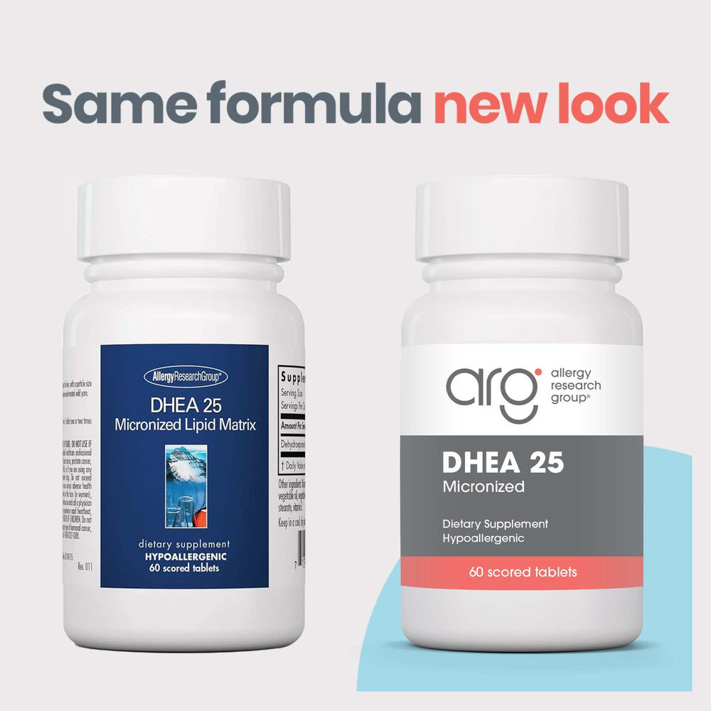 Allergy Research Group DHEA 25 capsules close-up highlights capsule texture and micronized formula for absorption.