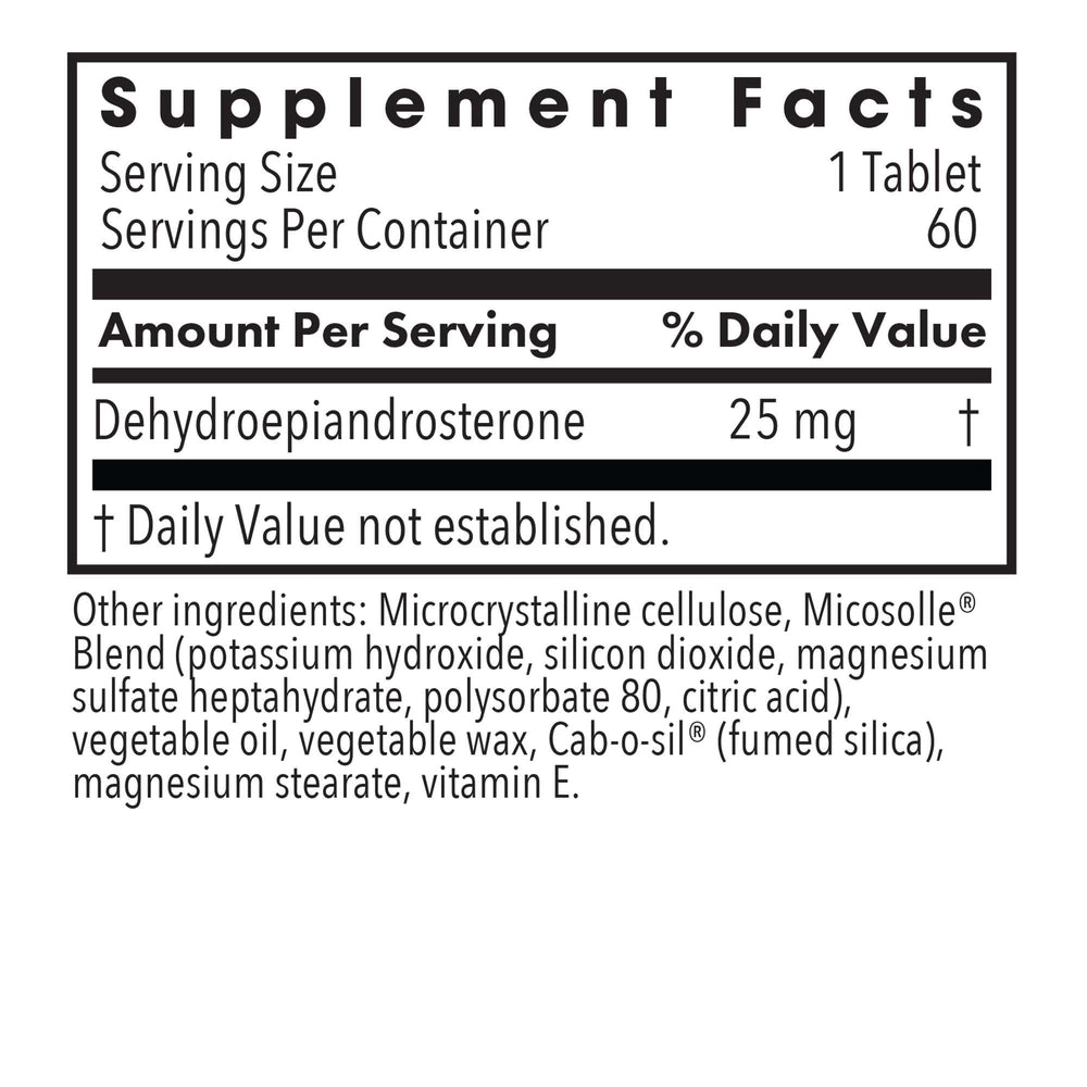 Allergy Research Group DHEA 25 label detail underscores purity and allergen-free ingredients.