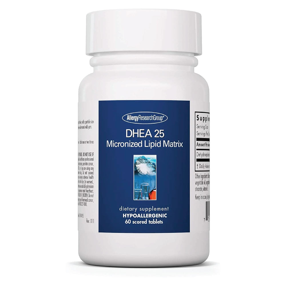 Allergy Research Group DHEA 25 micronized lipid matrix bottle highlights easy-to-dose capsules for absorption.