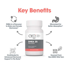 Allergy Research Group DHEA 25 scored tablet packaging demonstrates flexible dosing options.