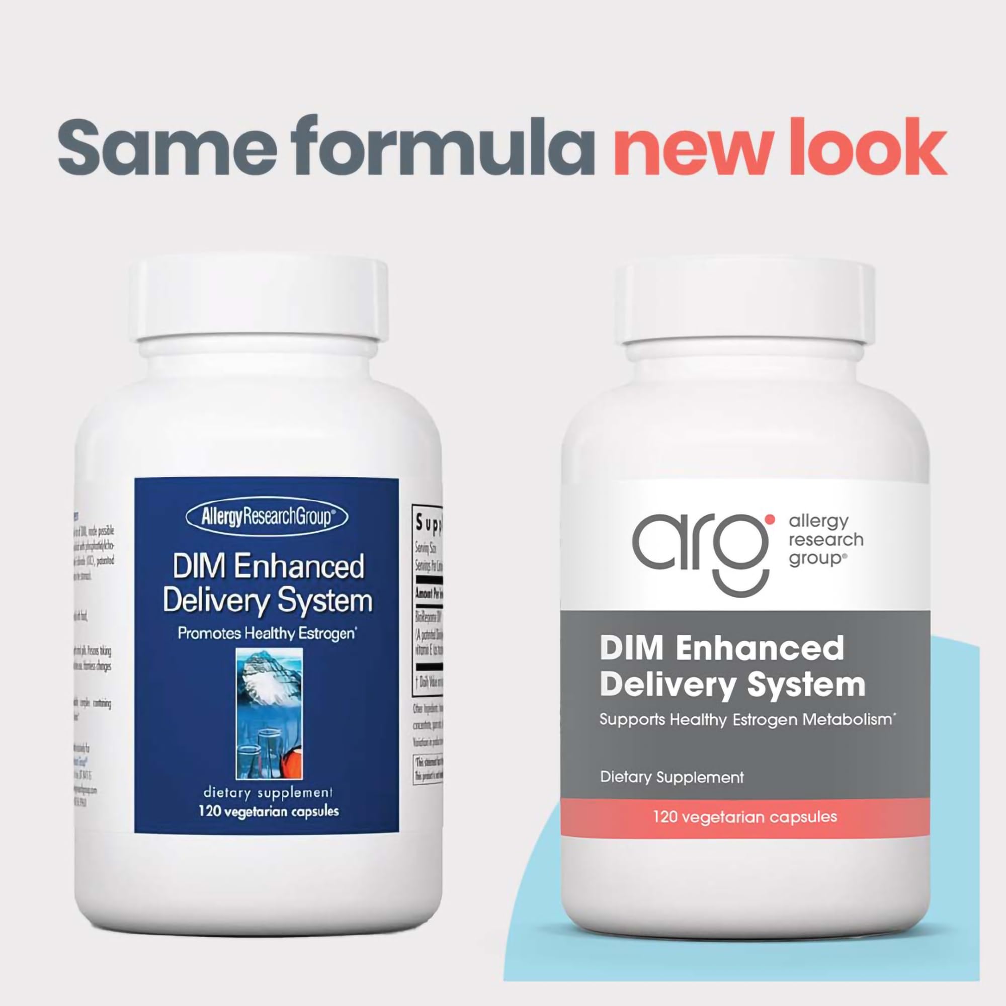 Allergy Research Group DIM capsules closeup showing vegetarian and soy-free formula.