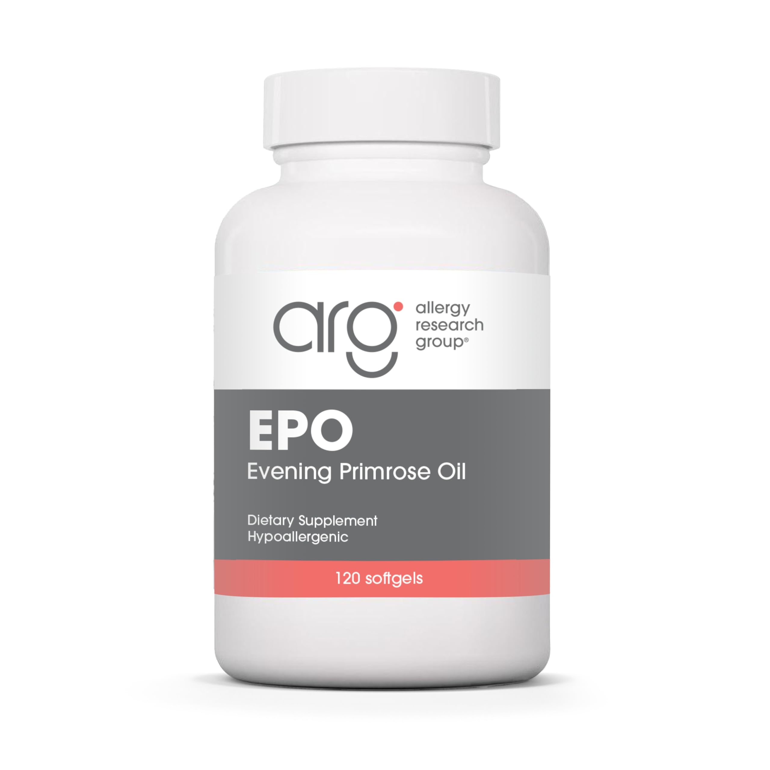 Allergy Research Group EPO bottle cap close-up showing convenient daily softgels