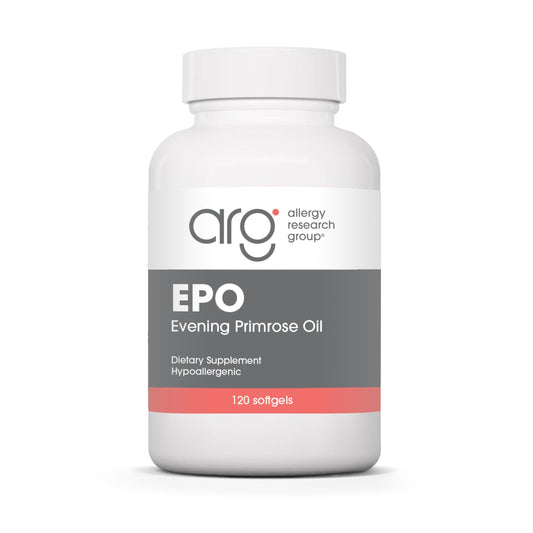 Allergy Research Group EPO bottle cap close-up showing convenient daily softgels