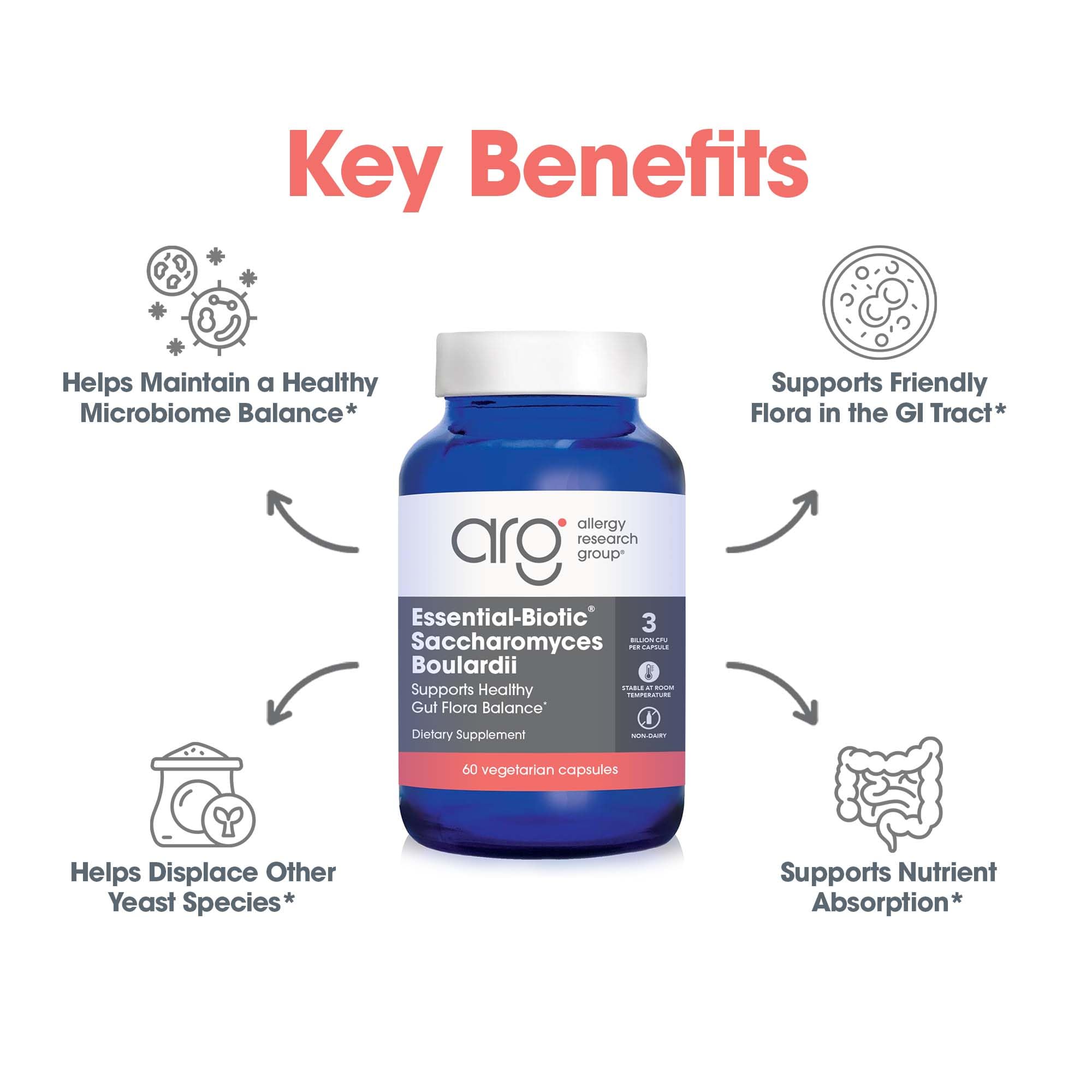 Allergy Research Group Essential-Biotic Saccharomyces boulardii capsules ready to take support nutrient absorption