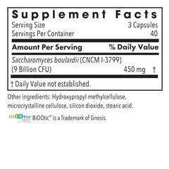 Allergy Research Group Essential-Biotic Saccharomyces Boulardii label closeup highlighting 450 mg.