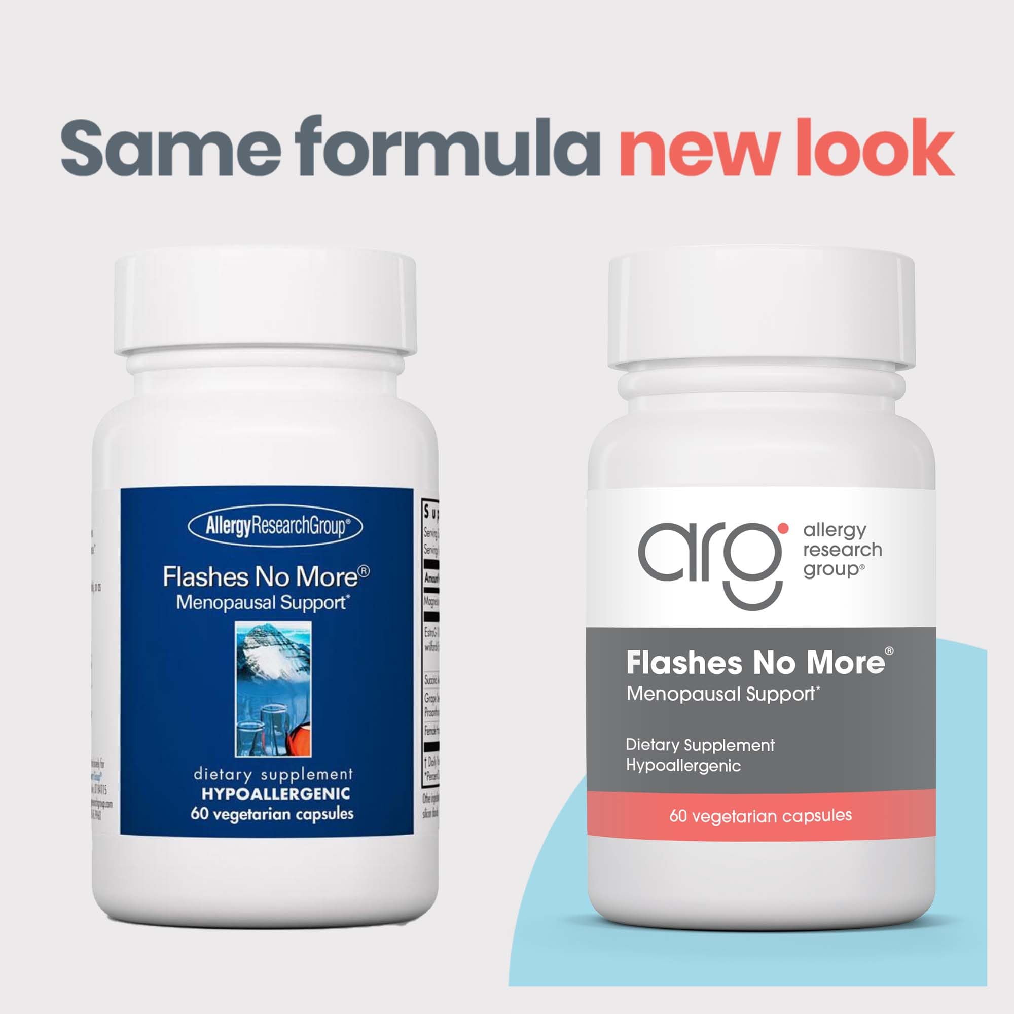 Allergy Research Group Flashes No More bottle back showing ingredients for menopausal comfort