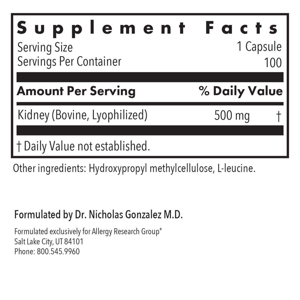 Allergy Research Group Kidney Beef Supplement capsules closeup showing convenient vegetarian capsules