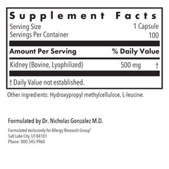 Allergy Research Group Kidney Beef Supplement capsules closeup showing convenient vegetarian capsules