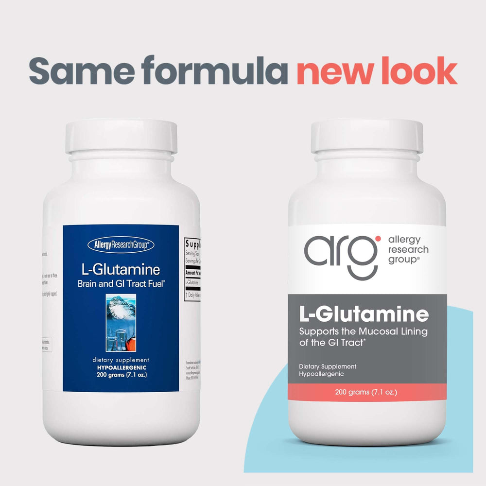 Allergy Research Group L-Glutamine powder with scoop for easy daily dosing.